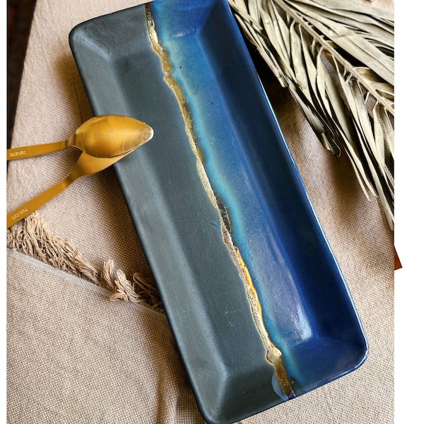 Black Serving Platter with shades of blue and a gold metallic stripe - multi-tone finish - Ceramic Dinnerware Serveware Rectangular Plate