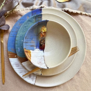 Beige Plates & Bowls Dinner Sets | with Abstract Art and Metallic Stripe | Artistic Handmade Dinnerware Sets for 6,8,2,4,10,12 people