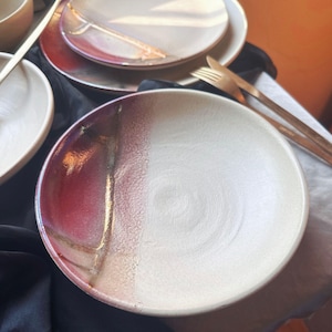 Burgundy, Pink, Violet, Gold & Beige Earthenware Pasta Bowl Set | Handcrafted Artisan | Microwave, Dishwasher-Safe Ceramic Tableware