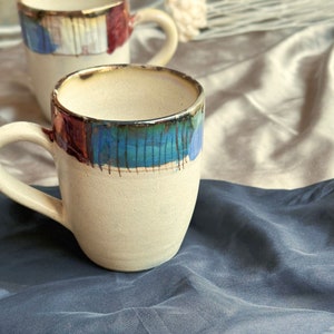 Beige Artistic Coffee Mug with Multi-Color Abstract Art Rim Metallic Luster Glazing & Highlights Artisanal Handmade Holiday Gift image 5