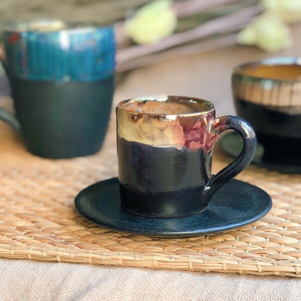 Black Cup & Saucer Set | for Espresso, or Arabic/Turkish Coffee | with Multi-Color Rim featuring Abstract Art and Metallic Highlights