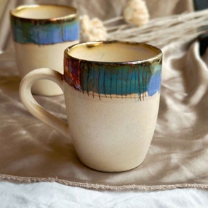 Beige Artistic Coffee Mug with Multi-Color Abstract Art Rim Metallic Luster Glazing & Highlights Artisanal Handmade Holiday Gift image 7