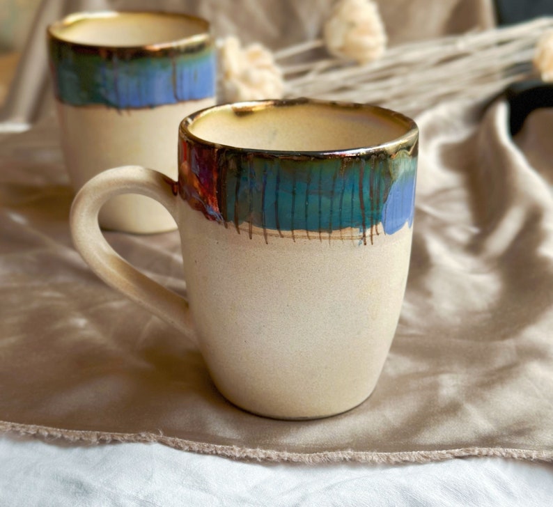 Beige Artistic Coffee Mug with Multi-Color Abstract Art Rim Metallic Luster Glazing & Highlights Artisanal Handmade Holiday Gift image 7