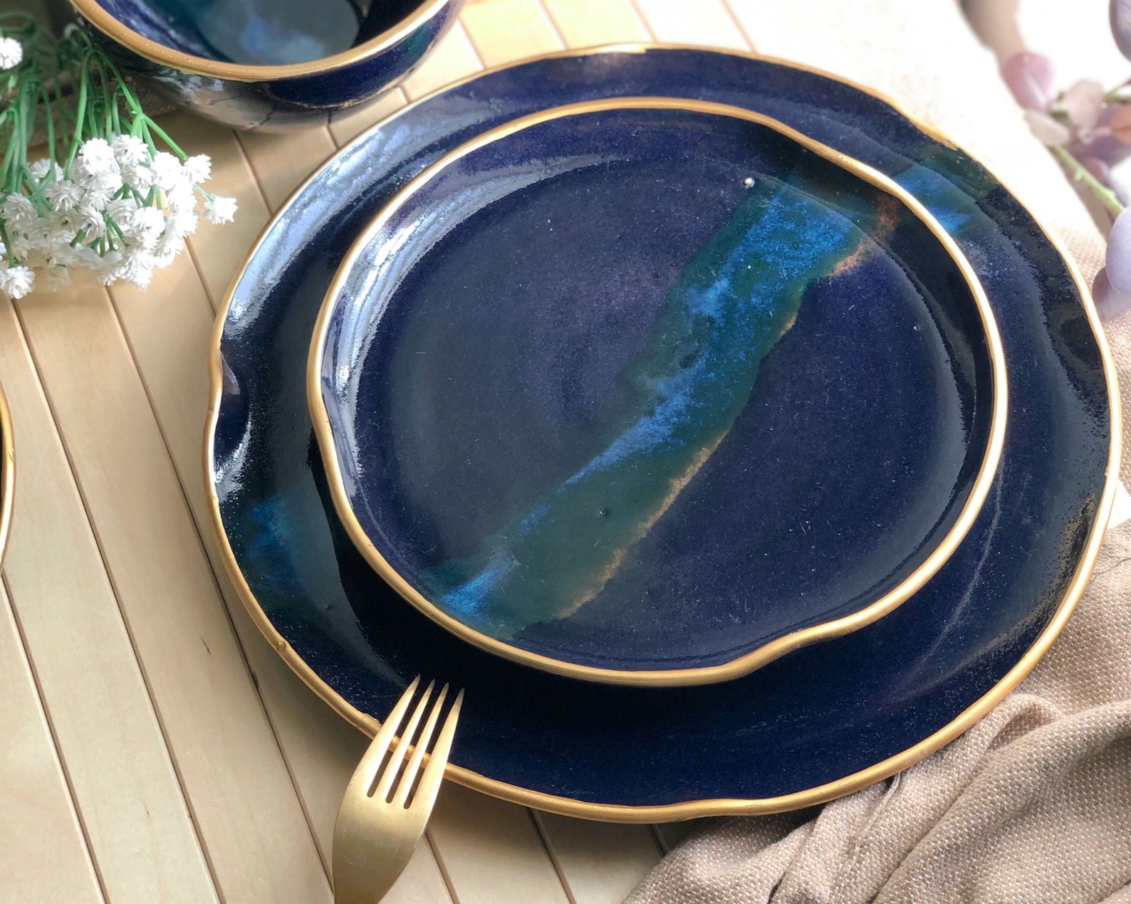 Dark Navy Blue Dinner Set with Gold Rim & Infused Etsy