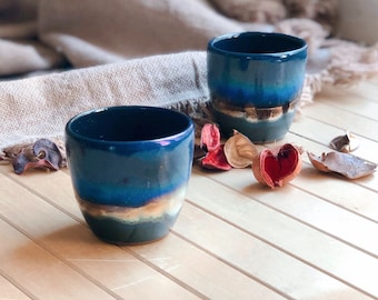 Handmade Black Espresso Cup: Blue & Gold Metallic Accents Pottery