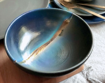 Black Serving/Salad Bowl with shades of Blue, and Gold Metallic Luster Stripe - Artistic Handmade Reduction Firing Ceramic Dinnerware