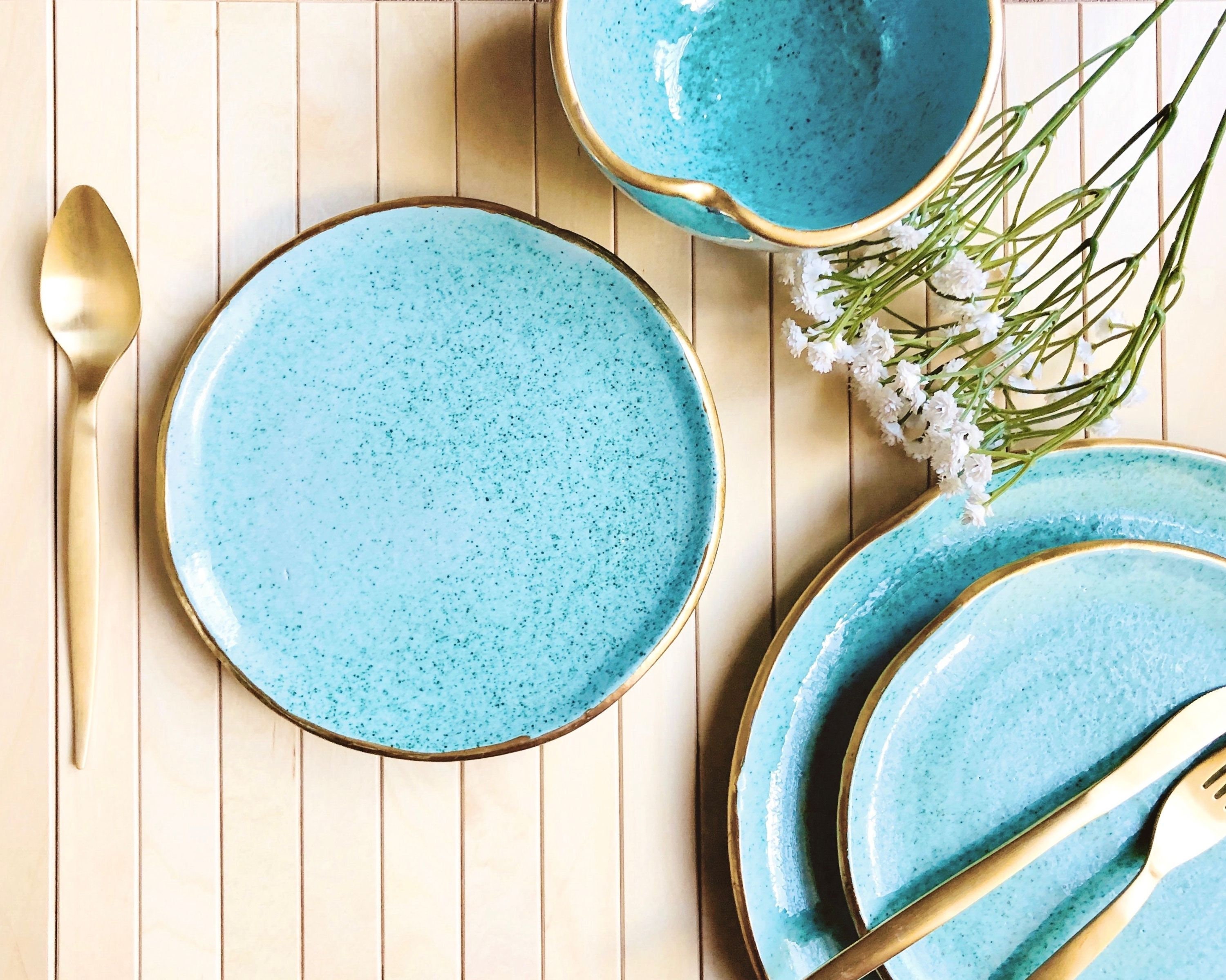 Gold Rim Dinner Set with Aqua/Cyan/Mint Green Glossy Finish Etsy