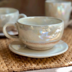 Beige Cup & Saucer Set | Cream, Pearly Iridescent and Rustic Glazing | Cappuccino/Latte/Coffee/Tea Cup