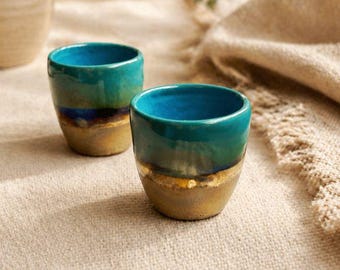 Handmade Peacock Blue Espresso Cup: Rustic Green & Gold Ceramic Mug
