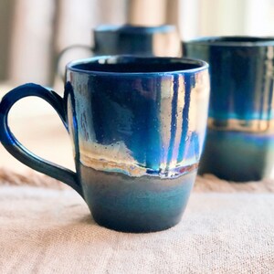 Black Mug with shades of Blue, and Gold Metallic Luster Stripe - Artistic Handmade Reduction Firing Pottery Mugs