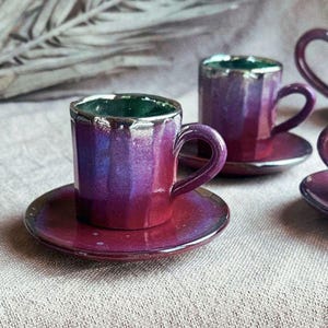 Handmade Ceramic Espresso Cup & Saucer: Violet Burgundy Glaze, Gold Rim