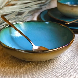 Peacock Blue Pasta Bowls Set | Metallic Gold Rim & Matt Rustic Green Exterior | Elegant Artistic Handmade Ceramic Dinnerware