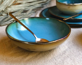 Handmade Peacock Blue Pasta Bowl Set: Metallic Gold Rim Ceramic Dinnerware
