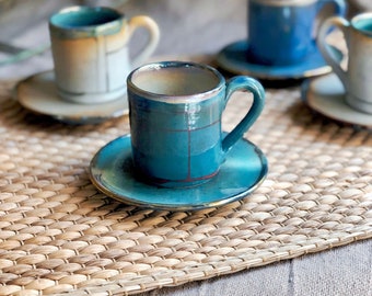 Eclectic Cream & Peacock Blue/Teal Turkish/Arabic Coffee/Espresso Cup with metallic gold rim - Unique Artistic Handmade Ceramic/Pottery Cups