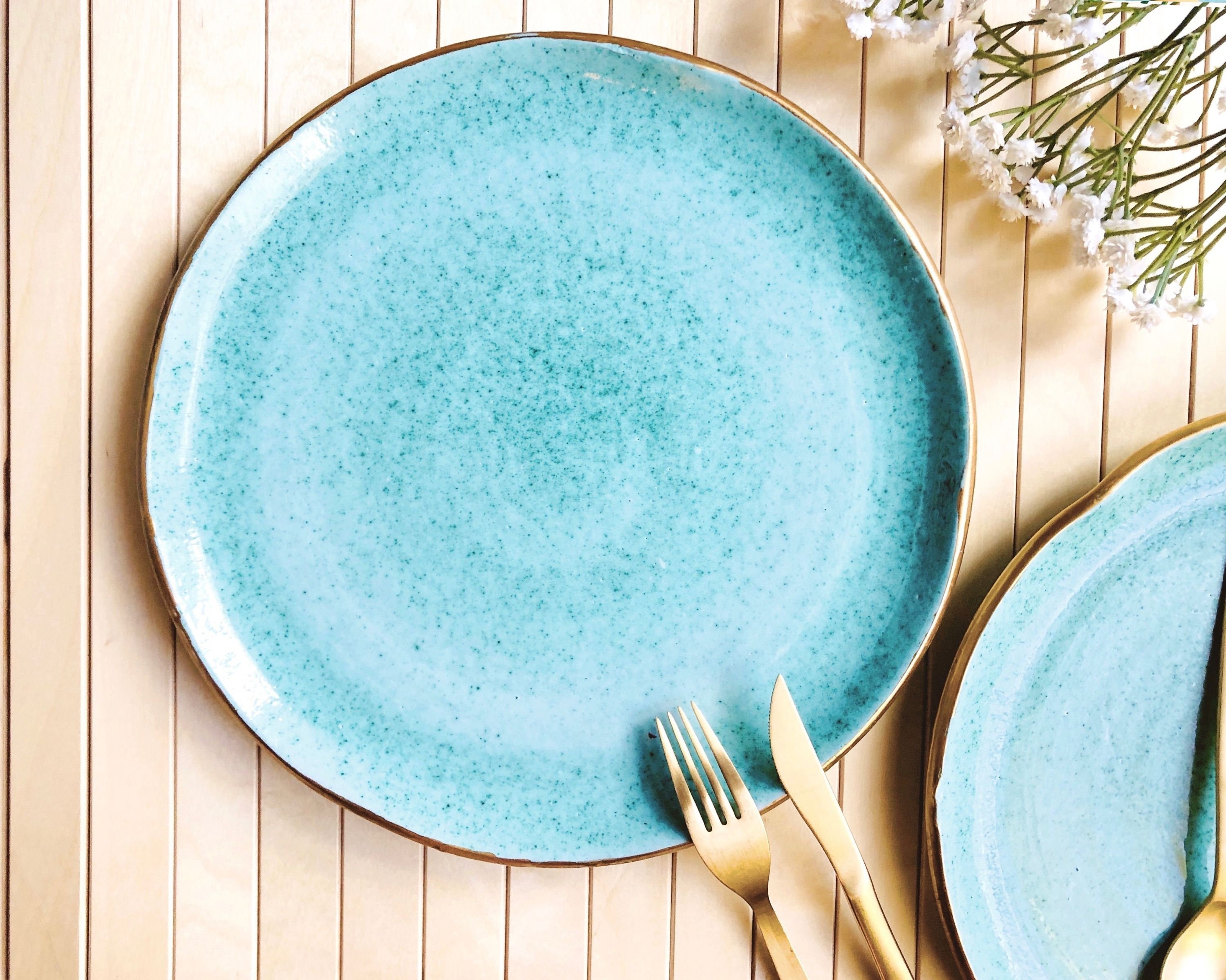Gold Rim Dinner Set with Aqua/Cyan/Mint Green Glossy Finish Etsy