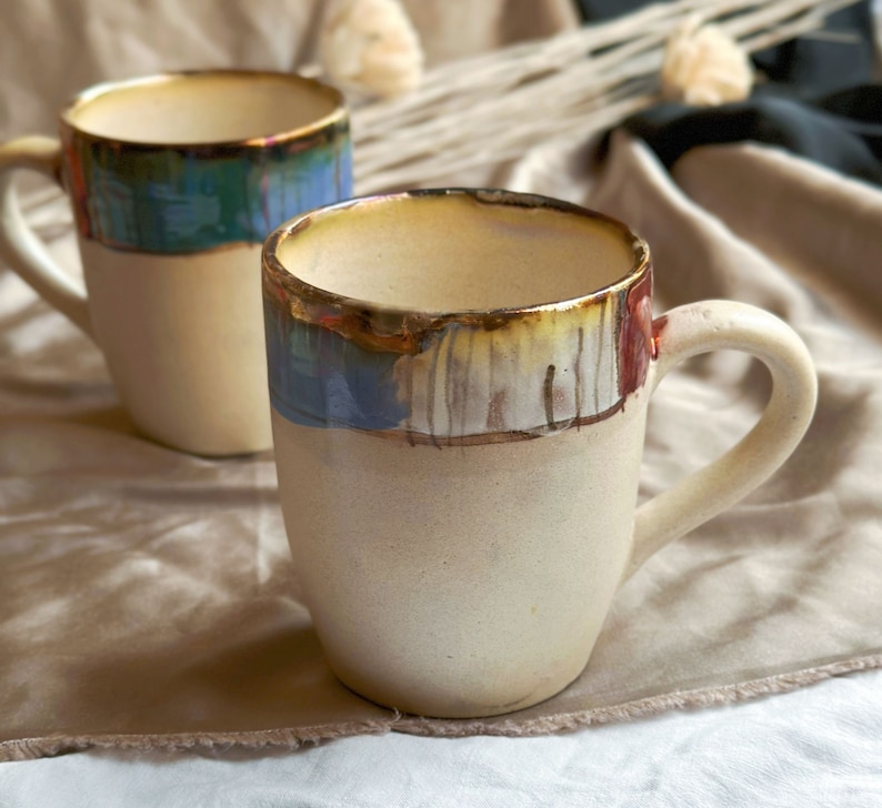 Beige Artistic Coffee Mug with Multi-Color Abstract Art Rim Metallic Luster Glazing & Highlights Artisanal Handmade Holiday Gift image 2