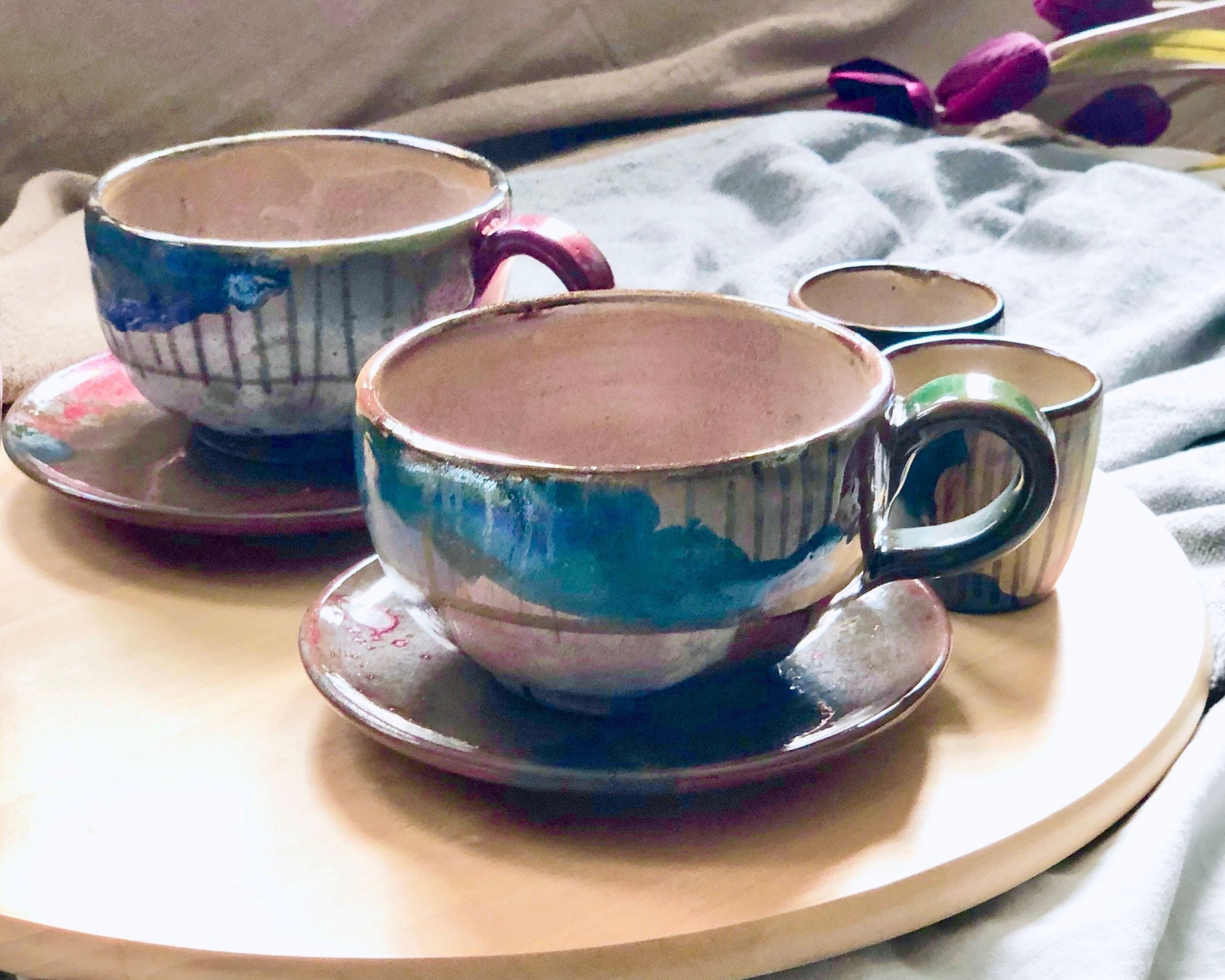 Yundu Porcelain Latte Cup and Saucer - 10 oz for Cappuccino,Tea,Cafe Mocha,  Set of 4,Matte Mixed Color