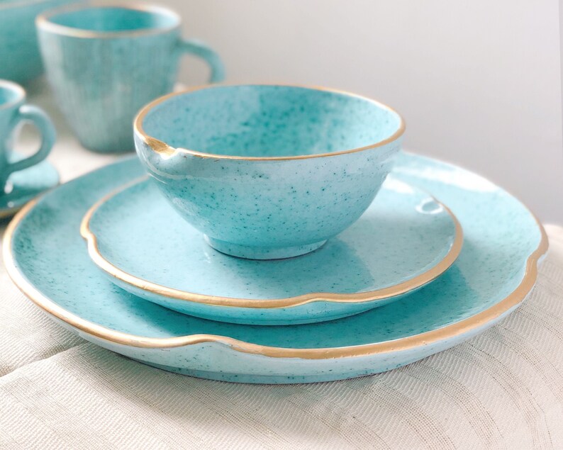 Gold Rim Dinner Set with Aqua/Cyan/Mint Green Glossy Finish Etsy