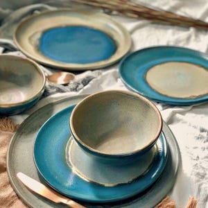 Handmade Ceramic Dinnerware Set: Peacock Blue, Green & Gold Metallic Luster