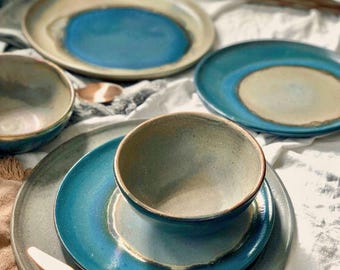 Handmade Ceramic Dinnerware Set: Peacock Blue, Green Gold