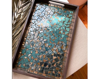 Teal & Blue Mosaic Wood Tray | Handmade Home Decor