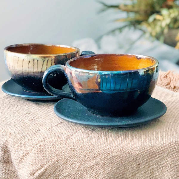 Black Large Cup & Saucer Set | with Multi-Color Rim with Abstract Design | for Cappuccino, Latte, Coffee, Hot Chocolate, Tea | Perfect Gift