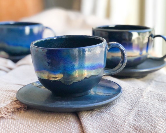 Handmade Pottery Blue Cappuccino Cup & Saucer