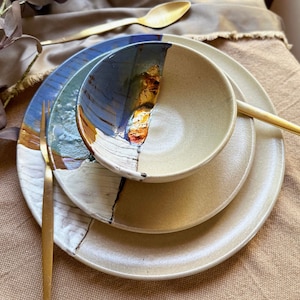 Beige Plates & Bowls Dinner Sets | with Abstract Art and Metallic Stripe | Artistic Handmade Dinnerware Sets for 6,8,2,4,10,12 people