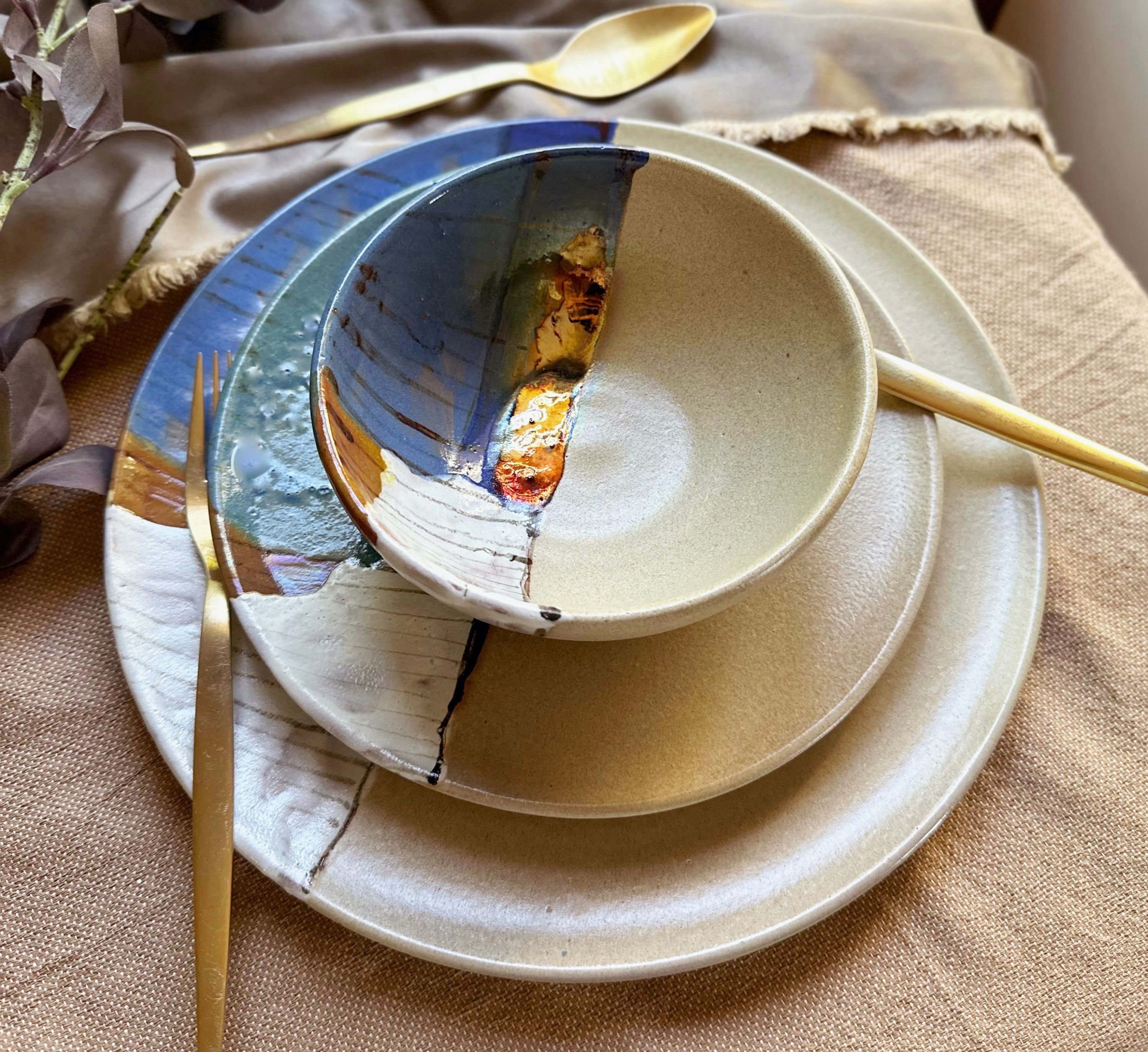 Beige Plates Bowls Dinner Sets With Abstract Art and Metallic Stripe Artistic Handmade Dinnerware Sets for 6 8 2 4 10 12 People Etsy Canada