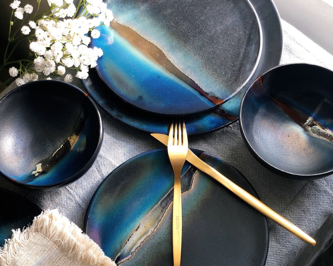 Black Plates & Bowls Sets With Blue Infusions, and Gold Metallic Luster