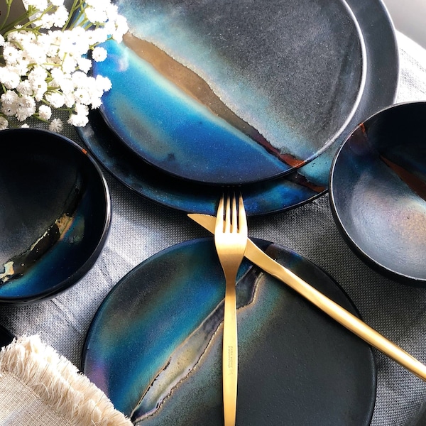 Black Plates & Bowls Sets with Blue Infusions, and Gold Metallic Luster Stripe - Artistic Handmade Crockery Dinnerware Dishware