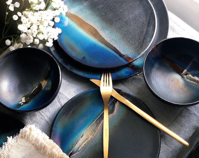 Black Plates & Bowls Sets with Blue Infusions, and Gold Metallic Luster Stripe - Artistic Handmade Crockery Dinnerware Dishware