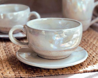 Beige Cup & Saucer Set | Cream, Pearly Iridescent and Rustic Glazing | Cappuccino/Latte/Coffee/Tea Cup