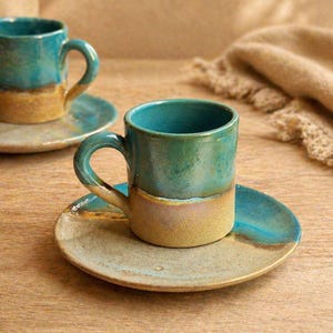 Handmade Peacock Blue Green Gold Coffee Cup Set, Reduction Firing Ceramic (Optional Saucer)