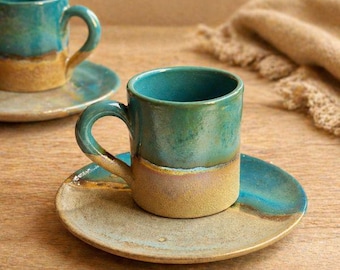 Green, Blue & Gold Cup Espresso Cup Set | Optional Saucer | For Espresso, or Turkish/Arabic Coffee | Matte, Glossy and Metallic Finish