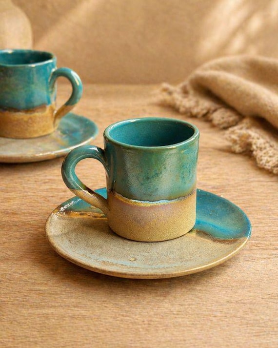 Grün, Blau & Gold Cup Espresso Tassen Set | Optional Untertasse | Für Espresso oder türkischen / arabischen Kaffee | Mattes, glänzendes und metallisches Finish
