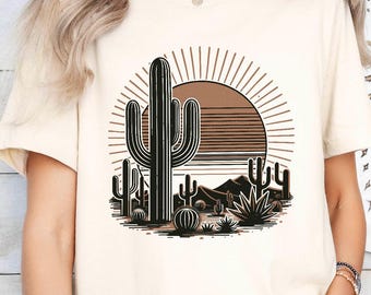 Desert Sunrise T-Shirt, Vintage Saguaro Cactus Graphic Tee, Southwestern Boho Sunset Shirt