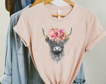 Highland Cow Shirt Women, Cow Gifts for Her, Cute Cowgirl Tshirt, Western Girl Shirt, Cow Shirt for Mom, Cow Flowers Tee, Country Girl Shirt