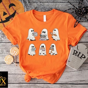 Retro Ghosts Reading Books Shirt, Halloween Gift For Librarian, Bookish Ghost Tshirt, Spooky Season Teacher Shirt, Halloween Book Lover Tee