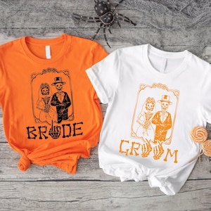 Bride and Groom Halloween Tshirt, Skeleton Halloween Wedding Shirt, Spooky Bride and Groom Shirt, Spooky Couples Gift, Honeymoon Ghost Tees