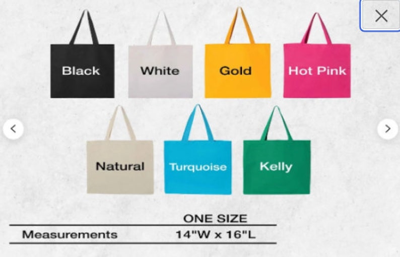 May include: A collection of tote bags in various colors: black, white, gold, hot pink, natural, turquoise, and kelly green. Each bag has a matching handle and the word for the color printed on the front. The bags are one size, measuring 14 inches wide and 16 inches long.