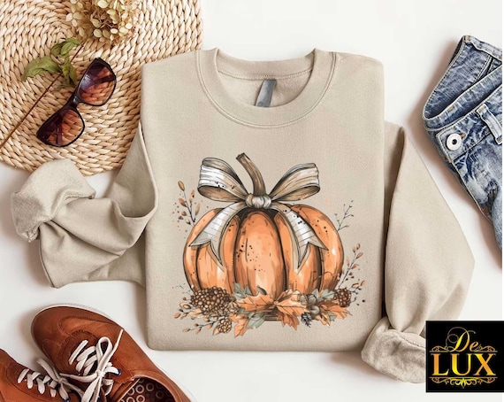 Fall Pumpkin Bow Sweatshirt, Pumpkin Sweatshirt, Halloween Gift, Fall Coquette Sweatshirt, Pumpkin Season Sweatshirt, Womens Fall Gifts