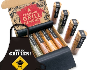 BBQ Grill Gewürze & Grillschürze für Männer I 5 erlesene Grillgewürze inkl. Rezepte, perfektes Grill Geschenk für Frauen