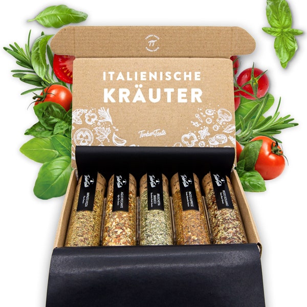 Italienische Kräuter Gewürzmischung - 5 Italienische Gewürze + Lexikon (PDF) in nachhaltiger Geschenkbox