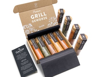 Coffret cadeau d'épices pour barbecue pour femmes et hommes I 5 épices pour barbecue exquises + encyclopédie (PDF) dans un coffret cadeau durable