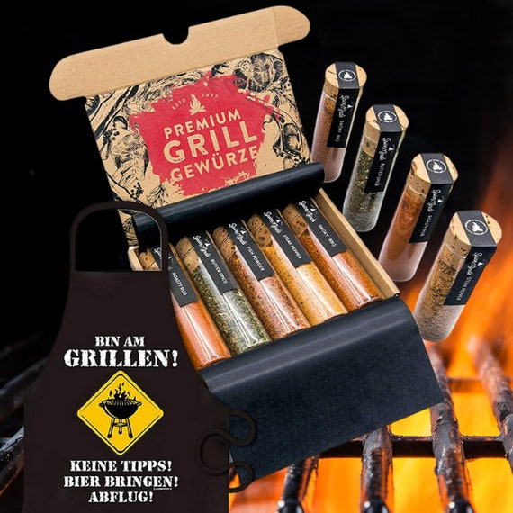 Grill apron and BBQ grill spices in a set | 5 exquisite grill spices including recipes and apron