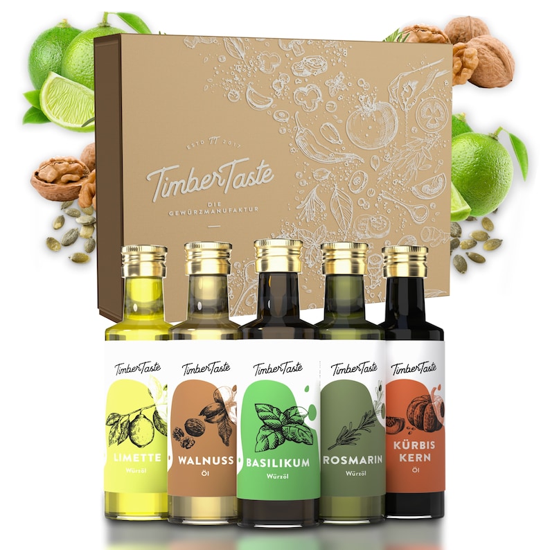 Pures Öl Geschenkset I 5 erlesene Speiseöle Geschenkset 5 x 40ml, Perfektes Geschenkset für Köche und Gourmets Bild 1