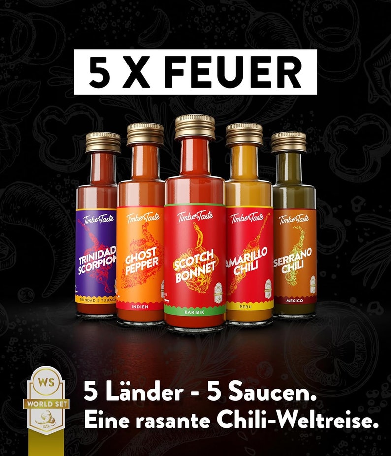 Chili Sauce Geschenkset 5 x 40 ml Exotic Hot Sauce Chili Set Scharfe Soßen Geschenk Set Bild 2