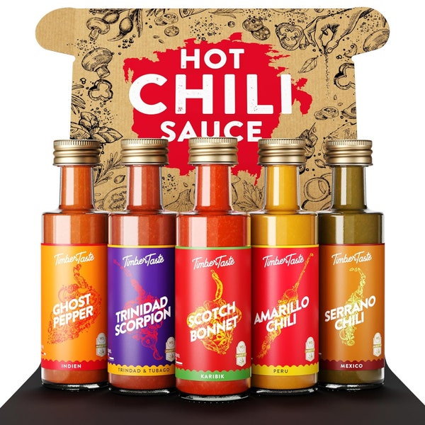 Chili Sauce Geschenkset [5 x 40 ml] | Exotic Hot Sauce Chili Set | Scharfe Soßen Geschenk Set