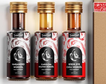 Hot Chili Öl Geschenkset (Carolina Reaper Würzöl, Birds Eye Chili Würzöl und Habanero Würzöl) - 3x100ml